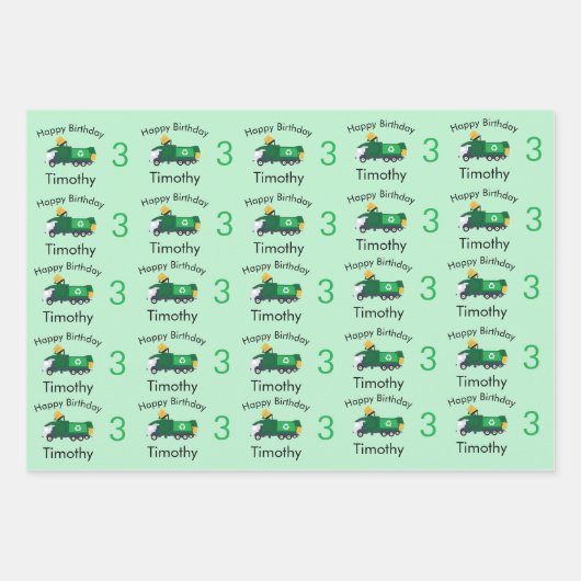 Recycling Garbage Truck Boy's Name & Age Birthday Inpakpapier Vel (Voorkant 3)