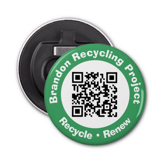 Recycling Project QR-code Recyclen en vernieuwt. Button Flesopener (Voorkant)