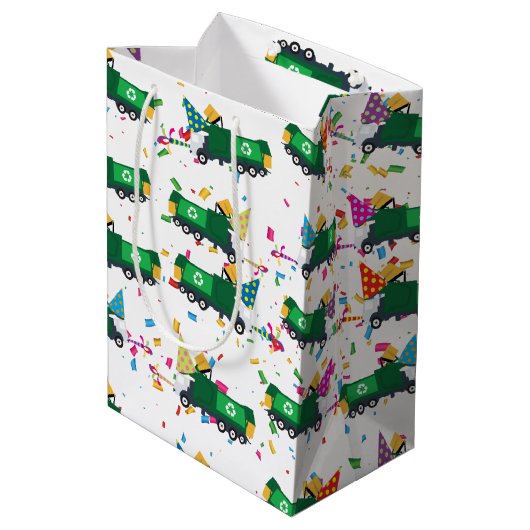 Recycling van vuilniswagens partijpatroon medium cadeauzakje (Achterkant Gekanteld)