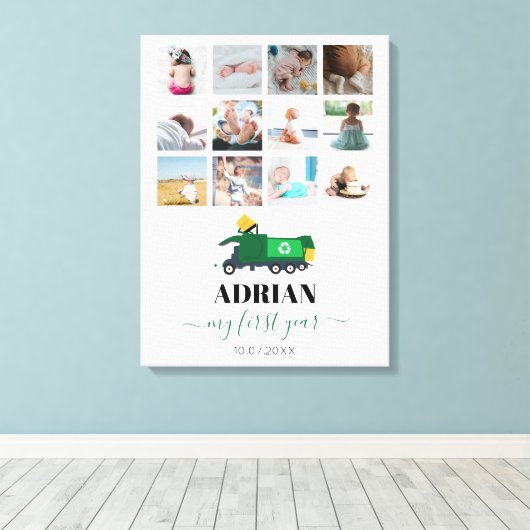 Recycling vuilniswagen Baby 1 jaar foto's Canvas Afdruk (Insitu (Houten vloer))