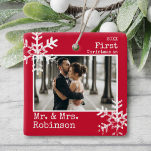 Red 1st Kerstmis Mr. en Mrs Custom Photo Keramisch Ornament