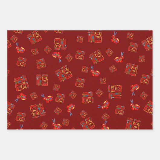 Red 2023 Lunar New Year Rabbit 福 Blessings Wrappin Inpakpapier Vel (Voorkant 3)