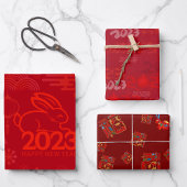 Red 2023 Lunar New Year Rabbit 福 Blessings Wrappin Inpakpapier Vel