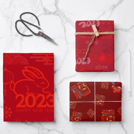 Red 2023 Lunar New Year Rabbit 福 Blessings Wrappin Inpakpapier Vel