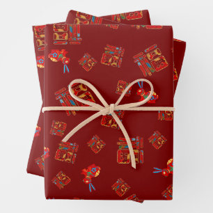 Red 2023 Lunar New Year Rabbit 福 Blessings Wrappin Inpakpapier Vel