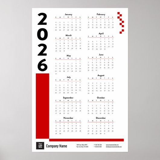 Red 2026 Corporate Wall Calendar Poster (Voorkant)