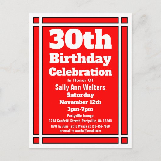 Red 30th Birthday Invitation Briefkaart (Voorkant)
