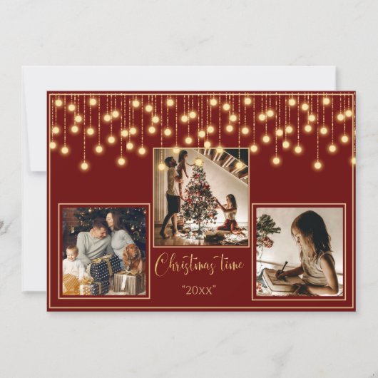 Red 3 Foto's met kersttijd Gold Holiday Feestdagenkaart (Voorkant)