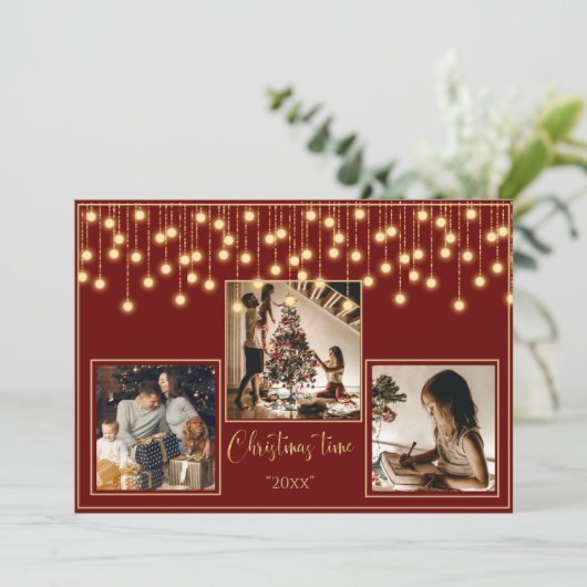 Red 3 Foto's met kersttijd Gold Holiday Feestdagenkaart (Staand voorkant)