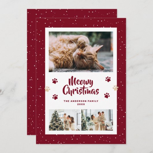 Red 3 Photo Snow Paws Meowy Christmas Card Feestdagenkaart (Voorkant / Achterkant)