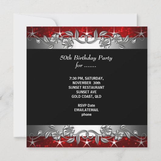 Red 50 & Fabulous 50th Birthday Party Kaart (Achterkant)