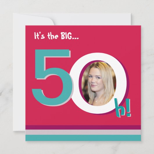 Red 50th Big 5-Oh! Fotosjabloon Birthday Party Kaart (Voorkant)