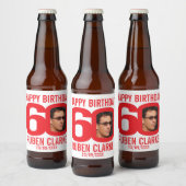 Red 60th Birthday custom photo name label Bier Etiket (Flessen)
