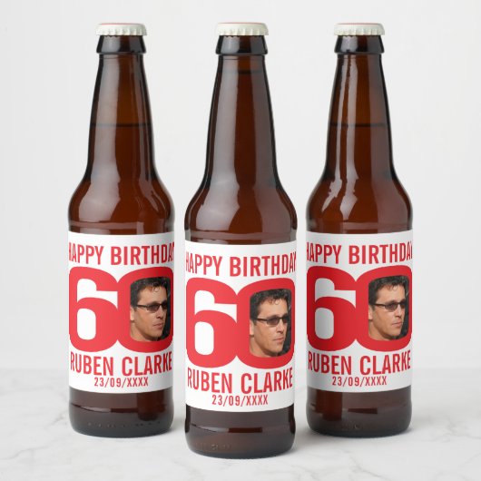 Red 60th Birthday custom photo name label Bier Etiket (Flessen)