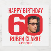 Red 60th Birthday custom photo name label Bier Etiket (Enkel label)