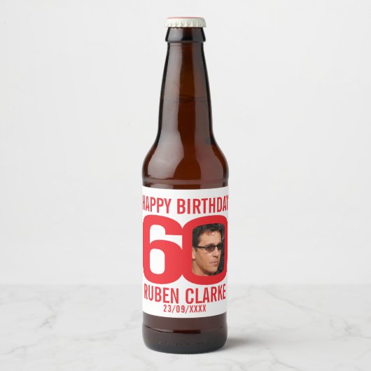 Red 60th Birthday custom photo name label Bier Etiket (Voorkant)