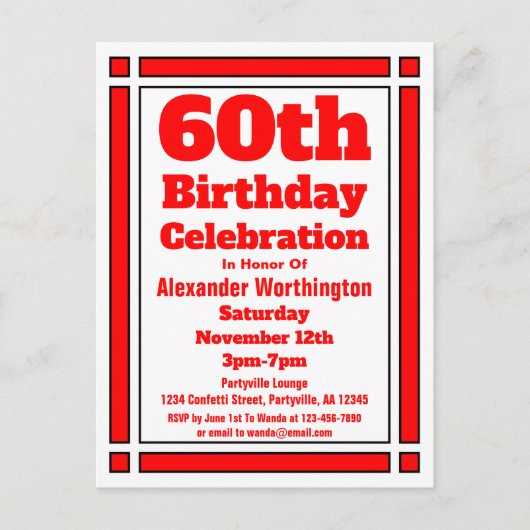 Red 60th Birthday Invitation Briefkaart (Voorkant)