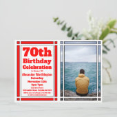 Red 70th Photo Birthday Invitation Kaart (Staand voorkant)