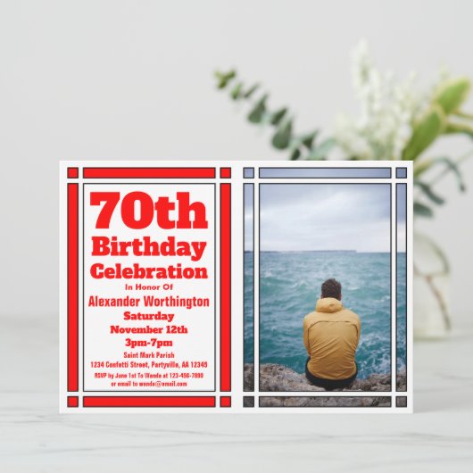 Red 70th Photo Birthday Invitation Kaart (Staand voorkant)