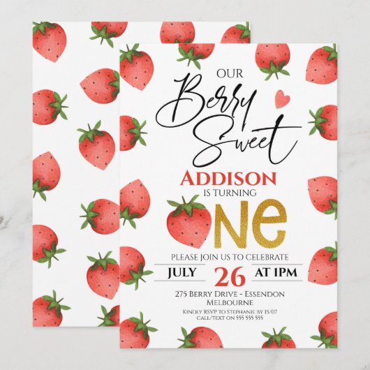 Red aardbery Berry Sweet First Birthday Kaart (Voorkant / Achterkant)