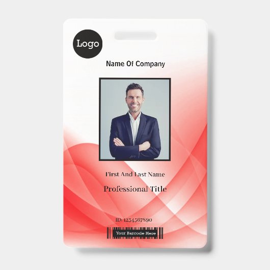 Red Abstract Wave Business Foto-ID Badge (Voorzijde)