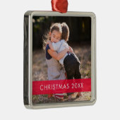 Red Accent Custom Photo & Sentiment-kerstmis Metalen Ornament (Rechts)