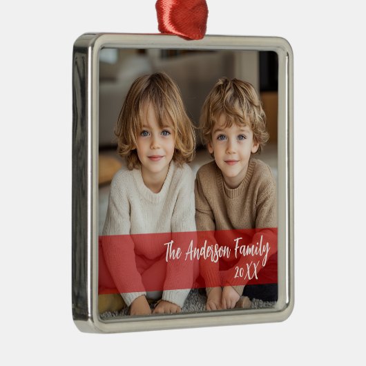 Red Accent Custom Photo & Sentiment-kerstmis Metalen Ornament (Rechts)