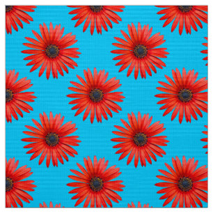 Red African Daisy Pattern on Sky Blue Stof
