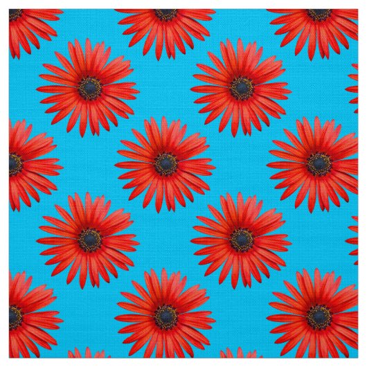 Red African Daisy Pattern on Sky Blue Stof (Swatch)