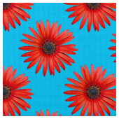 Red African Daisy Pattern on Sky Blue Stof (Close Up)