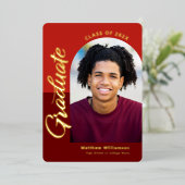 Red Afstuderen 4 Photo Script Arch Party Real Gold Folie Uitnodiging (Staand Voorkant)