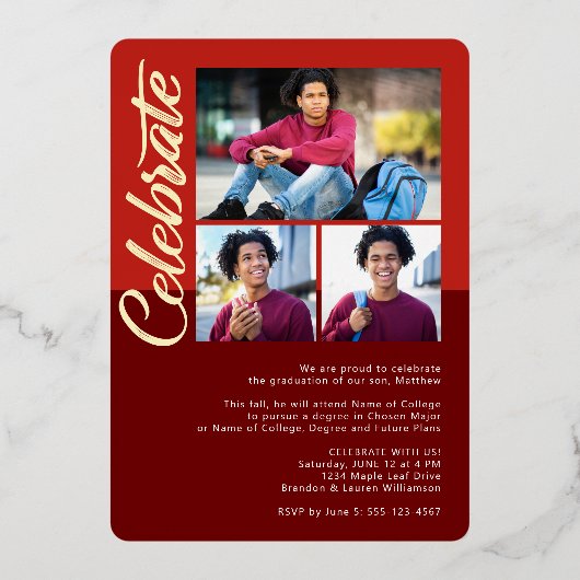 Red Afstuderen 4 Photo Script Arch Party Real Gold Folie Uitnodiging (Achterkant)