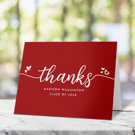 Red Afstuderen Chic Modern Elegant Script Hearts Bedankkaart