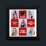 Red Afstuderen Foto Collage, aangepast Afstuderen  Cadeaudoosje<br><div class="desc">Een klasbare aangepaste, aangepaste, afstuderen cadeaudoos voor het afstuderen van de fotocollage met klassieke rode vierkantjes voor een hogere middelbare school met de klasse van 2023. Pas met uw prioritaire portret afbeeldingen, schoolnaam en graduerende klasse onder de elegante kalligrafie aan voor een geweldig gepersonaliseerd afstuderen cadeau. Het is voorzien van...</div>