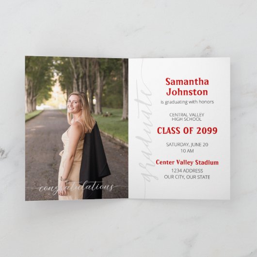 Red Afstuderen Script Modern Photo Invitation (Binnen)