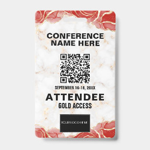 Red Agate Gold Marble QR Code Conferentie Evenemen Badge