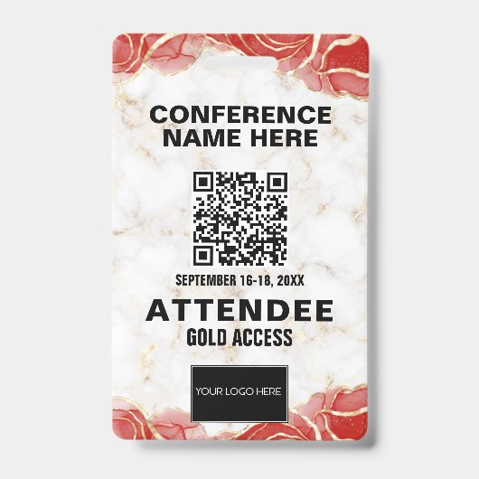 Red Agate Gold Marble QR Code Conferentie Evenemen Badge (Voorzijde)