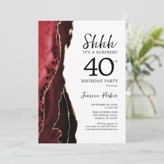 Red Agate Gold White Surprise 40e verjaardag Kaart