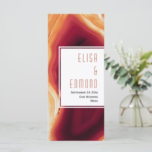 Red agate slice geode bruiloft menuset menu (Staand voorkant)