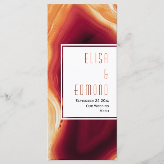 Red agate slice geode bruiloft menuset menu (Voorkant)