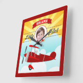 Red Airplane Little Pilot Name Foto Kinder kamer Vierkante Klok (Hoek)