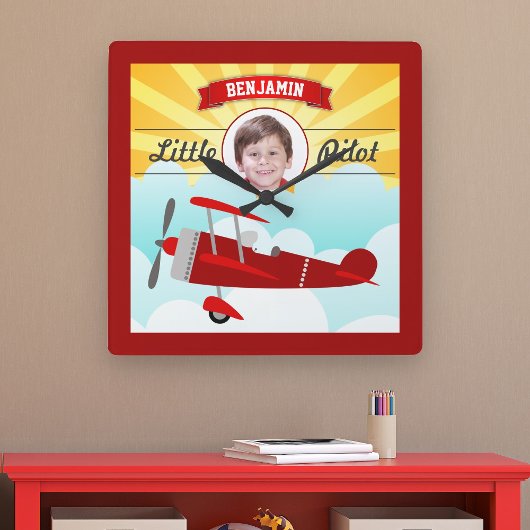 Red Airplane Little Pilot Name Foto Kinder kamer Vierkante Klok