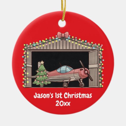 Red Airplane & Tree First Christmas gepersonalisee Keramisch Ornament (Voorkant)