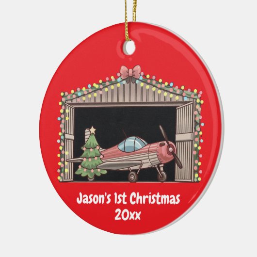 Red Airplane & Tree First Christmas gepersonalisee Keramisch Ornament (Links)