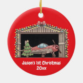 Red Airplane & Tree First Christmas gepersonalisee Keramisch Ornament (Achterkant)