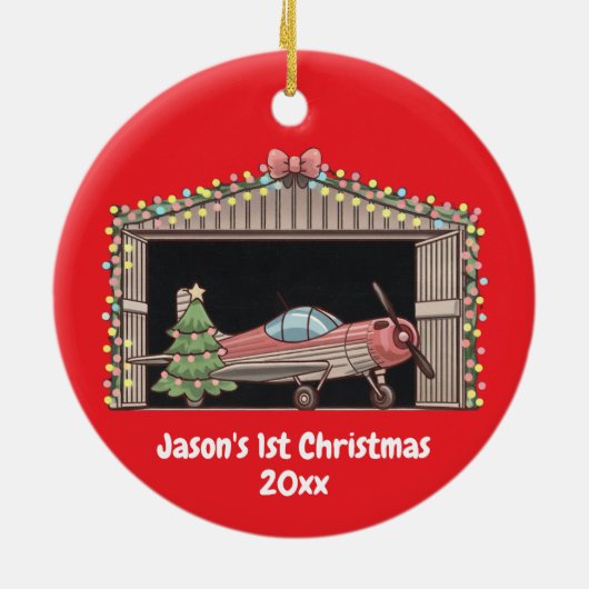 Red Airplane & Tree First Christmas gepersonalisee Keramisch Ornament (Achterkant)