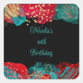 Red Alcohol Ink Birthday Party Vierkante Sticker