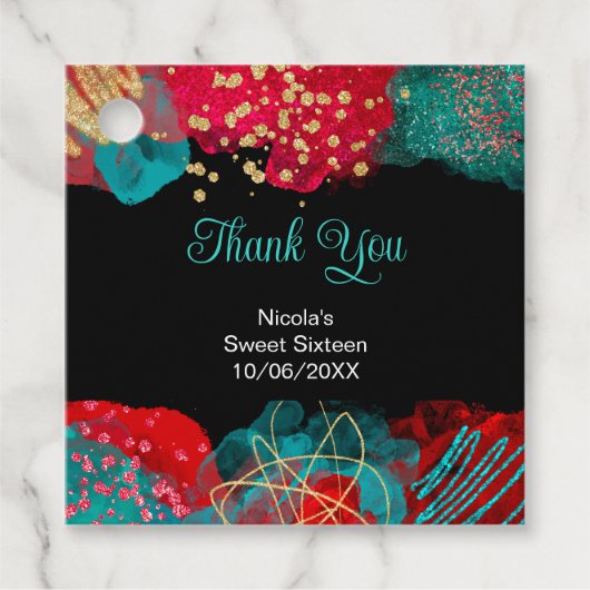 Red Alcohol Ink Sweet 16 Birthday Party Bedankjes Labels (Voorkant)