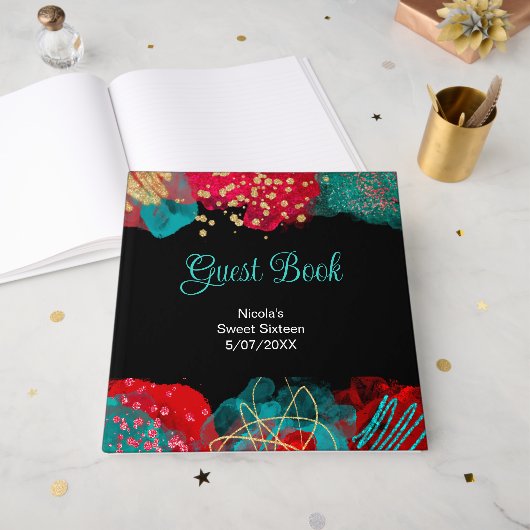Red Alcohol Ink Sweet 16 Birthday Party  Gastenboek (Voorkant open)