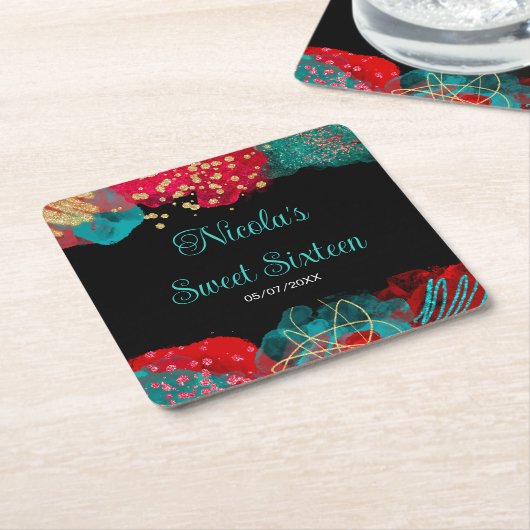 Red Alcohol Ink Sweet 16 Birthday Party  Kartonnen Onderzetters (Schuin)